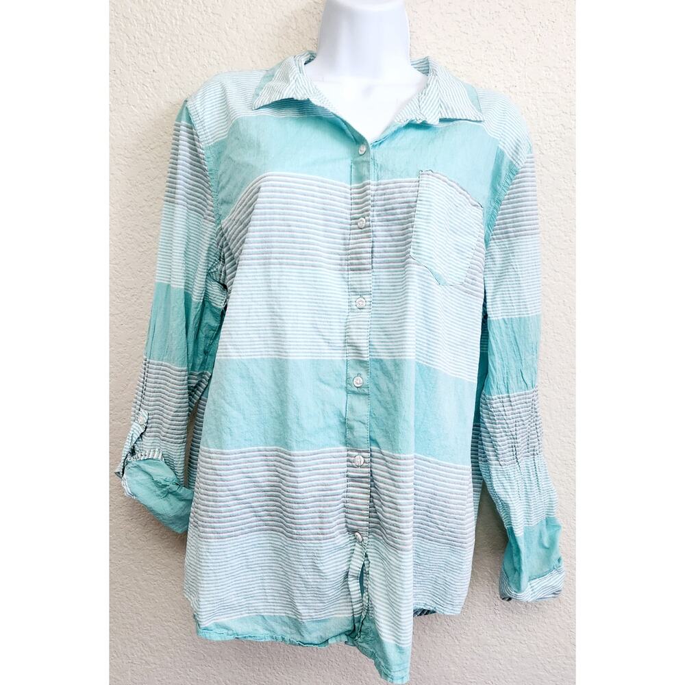 Cato Teal Gray Striped Button Up Top XL Collard Lightweight Long Sleeves